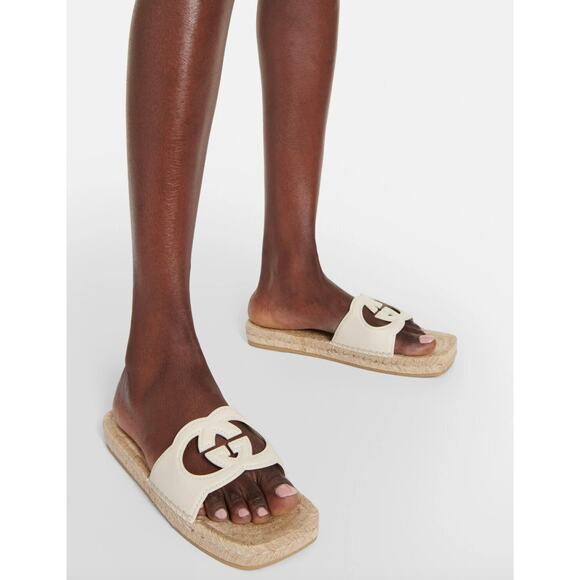 Gucci Carlos Interlocking GG Cut Out Leather Espadrille Slides 39 - Picture 2 of 16